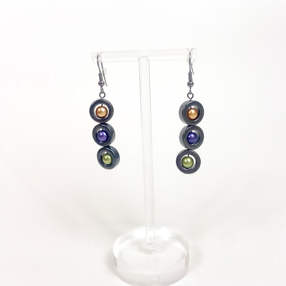Hematite Colorful Bead Earrings Gunmetal Gray
